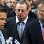 Gary Friedman –– – 037808.na.1019.anthrax3.gf Lachlan Murdoch (LEFT), Chairman of the N.Y. Post, Col Allan, Editor–In Chief (MIDDLE), & Ken Chandler (RIGHT), publisher of the N.Y. Post, addresses the media outside the N.Y. Post in midtown Manhattan on Friday, 10/19/2001––theywere talking about one of the papers employees who tested positive for cutaneous anthrax. The employee was first tested for anthrax following the discovery of anthrax at NBC last Friday. Initial tests of this employee since last Friday for anthrax came back negative. The source for the infection is unknown: the employee, a female member of the support staff for the editorial page editor, has already returned to work & is expected to make a complete recovery. She first noticed a blister on one of her fingers on 9/22. She scratched the blister & it became infected. She later visited a medical clinic, where she was treated w/antibiotics. Several days later, the employee removed the bandage on the finger &noticed a black sore. She then visited a hospital & was treated w/more antibiotics., after which she returned to work.