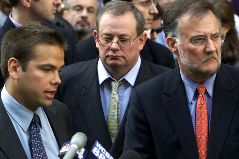 Gary Friedman –– – 037808.na.1019.anthrax3.gf Lachlan Murdoch (LEFT), Chairman of the N.Y. Post, Col Allan, Editor–In Chief (MIDDLE), & Ken Chandler (RIGHT), publisher of the N.Y. Post, addresses the media outside the N.Y. Post in midtown Manhattan on Friday, 10/19/2001––theywere talking about one of the papers employees who tested positive for cutaneous anthrax. The employee was first tested for anthrax following the discovery of anthrax at NBC last Friday. Initial tests of this employee since last Friday for anthrax came back negative. The source for the infection is unknown: the employee, a female member of the support staff for the editorial page editor, has already returned to work & is expected to make a complete recovery. She first noticed a blister on one of her fingers on 9/22. She scratched the blister & it became infected. She later visited a medical clinic, where she was treated w/antibiotics. Several days later, the employee removed the bandage on the finger &noticed a black sore. She then visited a hospital & was treated w/more antibiotics., after which she returned to work.