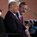 LYNCHBURG, VA - MAY 13:  U.S. President Donald Trump (L) and Jerry Falwell (R), President of Liberty University, on stage during a commencement at Liberty University May 13, 2017 in Lynchburg, Virginia. President Trump is the first sitting president to speak at LibertyÕs commencement since George H.W. Bush spoke in 1990.  (Photo by Alex Wong/Getty Images)