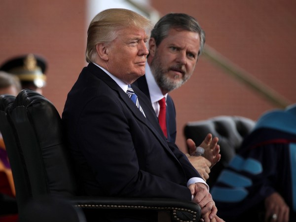 LYNCHBURG, VA - MAY 13:  U.S. President Donald Trump (L) and Jerry Falwell (R), President of Liberty University, on stage during a commencement at Liberty University May 13, 2017 in Lynchburg, Virginia. President Trump is the first sitting president to speak at LibertyÕs commencement since George H.W. Bush spoke in 1990.  (Photo by Alex Wong/Getty Images)
