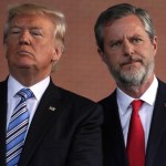 LYNCHBURG, VA - MAY 13:  U.S. President Donald Trump (L) and Jerry Falwell (R), President of Liberty University, on stage during a commencement at Liberty University May 13, 2017 in Lynchburg, Virginia. President Trump is the first sitting president to speak at LibertyÕs commencement since George H.W. Bush spoke in 1990.  (Photo by Alex Wong/Getty Images)