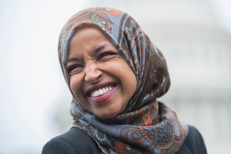 UNITED STATES - FEBRUARY 07: Rep. Ilhan Omar, D-Minn., attends a rally on the East Front of the Capitol with groups including United We Dream, calling on Congress to defund Immigration and Customs Enforcement (ICE) and U.S. Customs and Border Protection (CBP) on Thursday, February 7, 2019. (Photo By Tom Williams/CQ Roll Call)