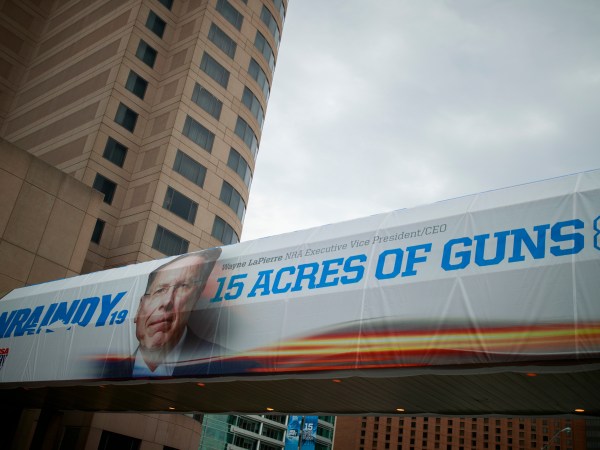 INDIANAPOLIS, INDIANA, UNITED STATES - 2019/04/27: A photo of NRA Chief Executive and Executive Vice President Wayne LaPierre is displayed on the Indiana Convention Center during the third day of the National Rifle Association convention. (Photo by Jeremy Hogan/SOPA Images/LightRocket via Getty Images)