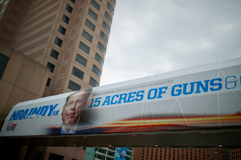 INDIANAPOLIS, INDIANA, UNITED STATES - 2019/04/27: A photo of NRA Chief Executive and Executive Vice President Wayne LaPierre is displayed on the Indiana Convention Center during the third day of the National Rifle Association convention. (Photo by Jeremy Hogan/SOPA Images/LightRocket via Getty Images)