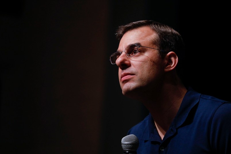 GRAND RAPIDS, MI - MAY 28:  U.S. Rep. Justin Amash (R-MI) holds a Town Hall Meeting on May 28, 2019 in Grand Rapids, Michigan. Amash was the first Republican member of Congress to say that President Donald Trump engaged in impeachable conduct. (Photo by Bill Pugliano/Getty Images)