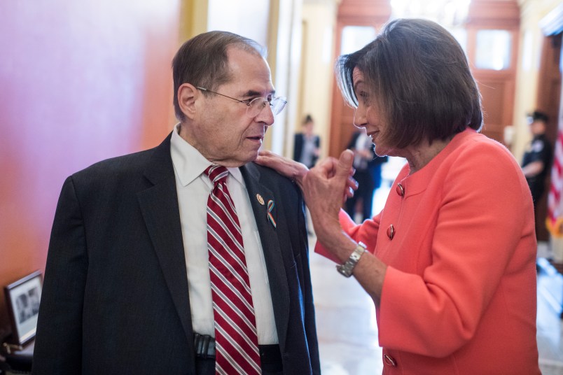 UNITED STATES - JUNE 11: Speaker Nancy Pelosi, D-Calif., and House Judiciary Committee Chairman Jerrold Nadler, D-N.Y., are seen during  a meeting with in the Capitol about funding for the September 11th Victim Compensation Fund on Tuesday, June 11, 2019. Comedian and advocate Jon Stewart and 9/11 responders attended the meeting. (Photo By Tom Williams/CQ Roll Call)