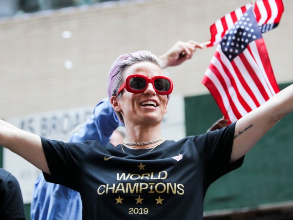 NEW YORK, July 11, 2019 -- U.S. women's soccer team member Megan Rapinoe celebrates the ticker-tape parade for World Cup-winning United States women's soccer team in New York, the United States, July 10, 2019. (Photo by Wang Ying/Xinhua via Getty)