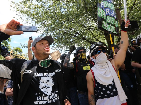 PORTLAND, OR - AUGUST 04: Members of far-right groups rally for gun rights' laws and free speech at Tom McCall Waterfront Park on August 4, 2018 in Portland, Oregon. (Photo by Karen Ducey/Getty Images)