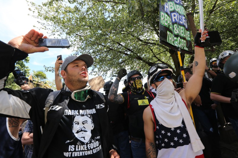 PORTLAND, OR - AUGUST 04: Members of far-right groups rally for gun rights' laws and free speech at Tom McCall Waterfront Park on August 4, 2018 in Portland, Oregon. (Photo by Karen Ducey/Getty Images)