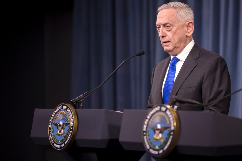 WASHINGTON, DC - AUGUST 28: U.S. Secretary of Defense James Mattis speaks during a press briefing at the Pentagon August 28, 2018 in Arlington, VA. (Photo by Zach Gibson/Getty Images)