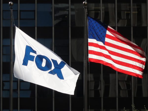 NEW YORK, NY - APRIL 24: A flag with the new logo for FOX flies outside of their corporate headquarters on 6th Avenue on April 24, 2019 in New York City. (Photo by Gary Hershorn/Getty Images)