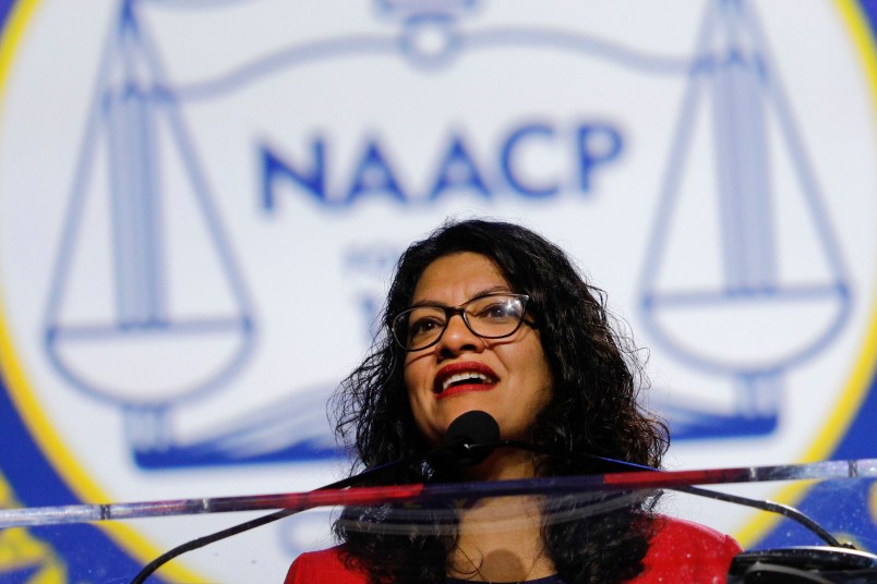 DETROIT, MI - JULY 22: U.S. Representative Rashida Tlaib (D-MI) speaks at the opening plenary session of the NAACP 110th National Convention on July 22, 2019 in Detroit, Michigan. The Convention is from July 20 to July 24 at Detroit’s COBO Center. The theme of this year’s Convention is, “When We Fight, We Win.” (Photo by Bill Pugliano/Getty Images)