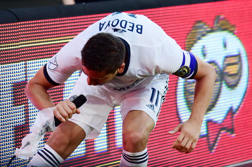 WASHINGTON, DC - AUGUST 04: Alejandro Bedoya #11 of Philadelphia Union yells into a television microphone after scoring a goal in the first half against the D.C. United at Audi Field on August 4, 2019 in Washington, DC. (Photo by Patrick McDermott/Getty Images)