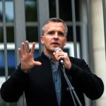 COPENHAGEN, DENMARK – JUNE 13, 2016:  Rufus Gifford, US Ambassador to Denmark,  holds a speech during the memorial ceremony for the victims of the Orlando massacre in Copenhagen, Denmark, on June 13, 2016. The ceremony took place in front of the US Embassy and was co-organized by the Embassy and Copenhagen Pride. (Photo by Ole Jensen/Corbis via Getty Images)