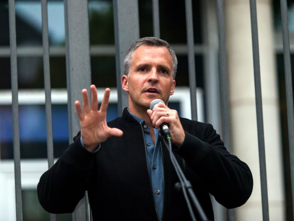 COPENHAGEN, DENMARK – JUNE 13, 2016:  Rufus Gifford, US Ambassador to Denmark,  holds a speech during the memorial ceremony for the victims of the Orlando massacre in Copenhagen, Denmark, on June 13, 2016. The ceremony took place in front of the US Embassy and was co-organized by the Embassy and Copenhagen Pride. (Photo by Ole Jensen/Corbis via Getty Images)