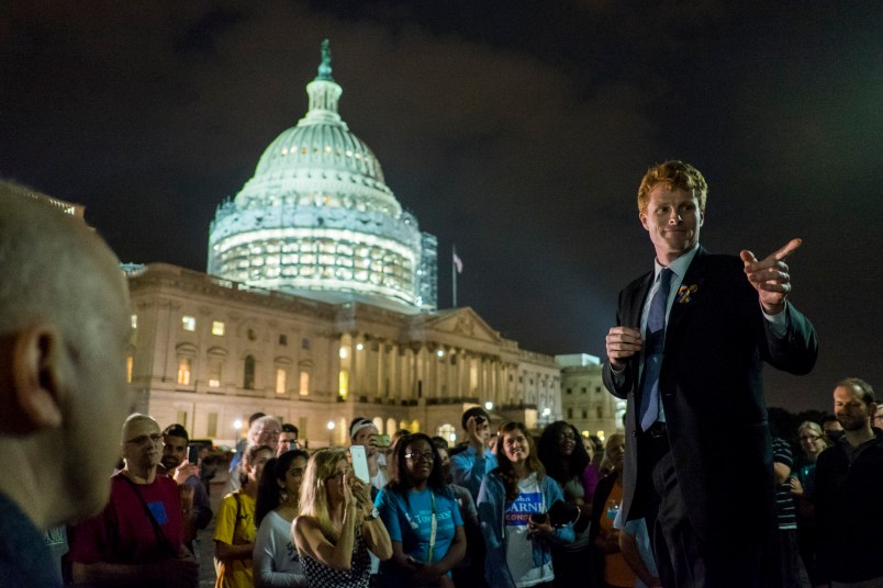 WASHINGTON, DC - June 23:  Rep. Joe Kennedy III (D-MA) speaks to supporters of House Democrats taking part in a sit-in on the House Chamber outside the U.S. Capitol on June 23, 2016 in Washington, DC. House Republicans attempted to end the 16-hour sit-in by Democrats early Thursday morning by adjourning for a recess through July 5.  (Photo by Pete Marovich/Getty Images)