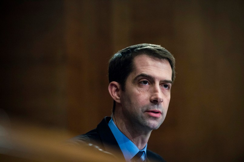 WASHINGTON, DC - JANUARY 30:  Senator Tom Cotton (R-AR) looks on as Treasury Secretary Steven Mnuchin delivers the annual financial stability report to the Senate Banking, Housing and Urban Affairs Committee on January 30, 2018 in Washington, DC. Mnuchin said the Treasury can extend the government's debt limit suspension period into February before it exhausts its borrowing ability.  (Photo by Pete Marovich/Getty Images)