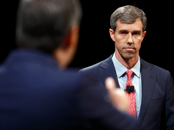 Rep. Beto O'Rourke (D-TX) looks and listens to Sen. Ted Cruz (R-TX) during a debate at McFarlin Auditorium at SMU in Dallas, on  Friday, September 21, 2018. (Tom Fox/The Dallas Morning News/Pool)