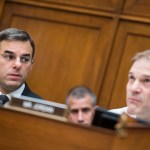 UNITED STATES - JUNE 12: Reps. Justin Amash, R-Mich., left, and ranking member Rep. Jim Jordan, R-Ohio, are seen during a House Oversight and Reform Committee markup in Rayburn Building on a resolution on whether to hold Attorney General William Barr and the Secretary of Commerce Wilbur Ross in contempt of Congress on Wednesday, June 12, 2019. (Photo By Tom Williams/CQ Roll Call)