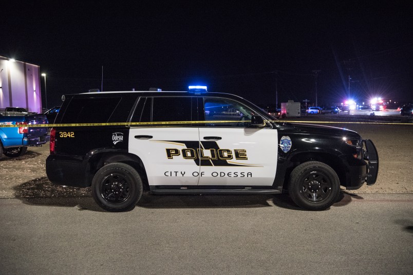 MIDLAND, TEXAS – AUGUST 31: Police cars and tape block off a crime scene nearby to where a gunman was shot and killed at Cinergy Odessa movie theater after multiple people were shot on August 31, 2019 in Midland, Texas. Reports indicate that at least two people are dead and 20 injured. (Photo by Cengiz Yar/Getty Images)