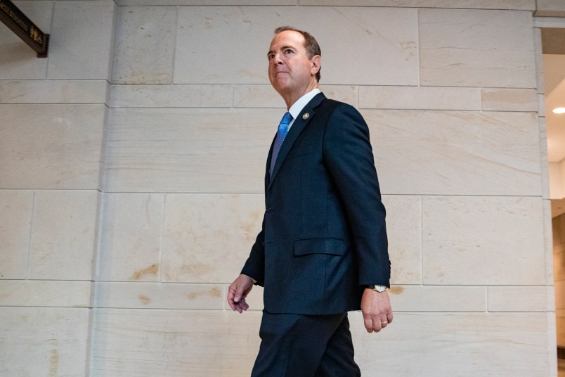 WASHINGTON, DC - SEPTEMBER 19: Permanent Select Committee on Intelligence Chairman Adam Schiff (D-CA) arrives at the Capitol before the committee meeting with Acting Director of National Intelligence Joseph Maguire on September 19, 2019 in Washington, DC. Acting Director Maguire is set to meet with members of the House Intelligence Committee over a recent whistleblower complaint against President Donald Trump by an intel analyst. (Photo by Samuel Corum/Getty Images) *** Local Caption *** Adam Schiff