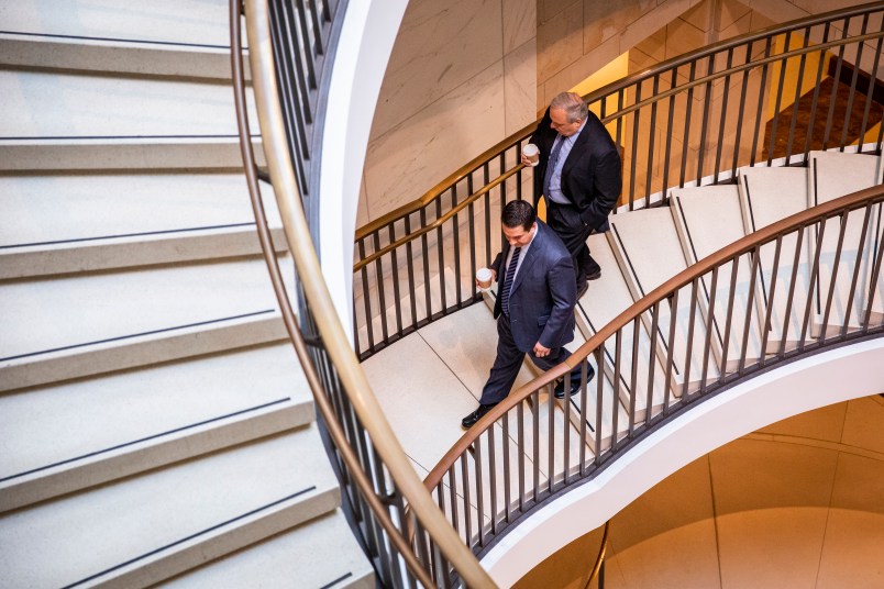 WASHINGTON, DC - SEPTEMBER 19: Ranking Member of the Permanent Select Committee on Intelligence Devin Nunes (R-CA) (L) arrives at the Capitol before the committee meeting with Acting Director of National Intelligence Joseph Maguire on September 19, 2019 in Washington, DC. Acting Director Maguire is set to meet with members of the House Intelligence Committee over a recent whistleblower complaint against President Donald Trump by an intel analyst. (Photo by Samuel Corum/Getty Images) *** Local Caption *** Devin Nunes