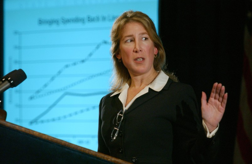 SACRAMENTO, CA - JANUARY 9: Finance Director Donna Arduin answers questions concerning California Governor Arnold Schwarzenegger 's $99 billion proposed 2004-05 state budget during a news conference in Sacramento, Calif., Friday, Jan. 9, 2004, where eariler, Governor Schwarenegger unveiled his proposed budget. (Photo by David Paul Morris/Getty Images)