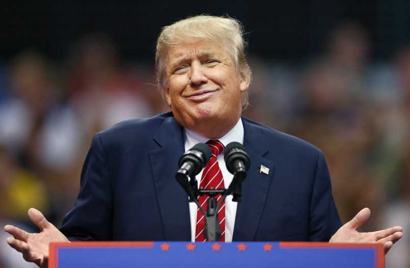 Republican presidential candidate Donald Trump during a campaign rally at the American Airlines Center on September 14, 2015 in Dallas, Texas. More than 20,000 tickets have been distributed for the event.