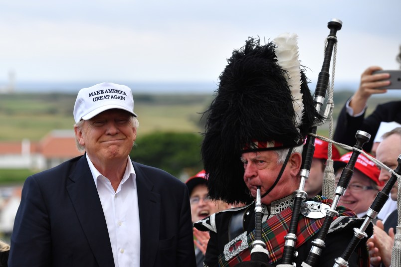 AYR, SCOTLAND - JUNE 24:  Presumptive Republican nominee for US president Donald Trump speaks as he reopens his Trump Turnberry Resort on June 24, 2016 in Ayr, Scotland.  (Photo by Jeff J Mitchell/Getty Images)