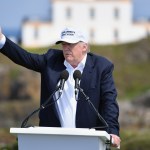 US presidential nominee Donald Trump arrives by helicopter to Turnberry hotel and gold resort on June 23, 2016 in Turnberry,Scotland. Mr Trump arrived to officially open his Trump Turnberry resort which has undergone an eight month refurbishment as part of an investment thought to be worth in the region of two hundred million pounds.