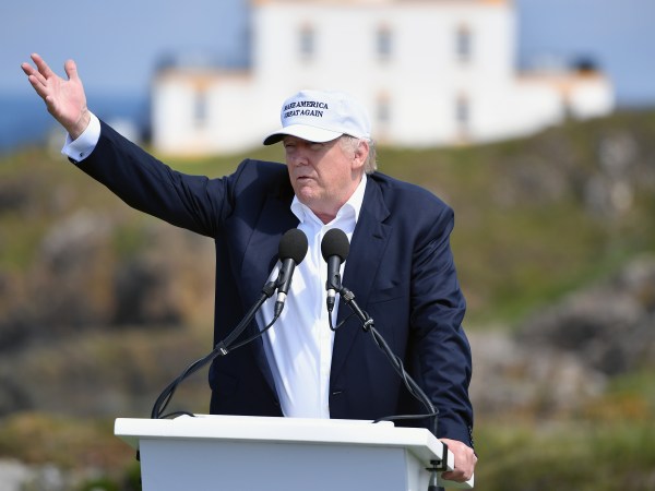 US presidential nominee Donald Trump arrives by helicopter to Turnberry hotel and gold resort on June 23, 2016 in Turnberry,Scotland. Mr Trump arrived to officially open his Trump Turnberry resort which has undergone an eight month refurbishment as part of an investment thought to be worth in the region of two hundred million pounds.