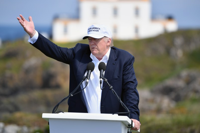 US presidential nominee Donald Trump arrives by helicopter to Turnberry hotel and gold resort on June 23, 2016 in Turnberry,Scotland. Mr Trump arrived to officially open his Trump Turnberry resort which has undergone an eight month refurbishment as part of an investment thought to be worth in the region of two hundred million pounds.