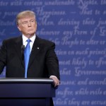 during the Presidential Debate at Hofstra University on September 26, 2016 in Hempstead, New York.  The first of four debates for the 2016 Election, three Presidential and one Vice Presidential, is moderated by NBC's Lester Holt.