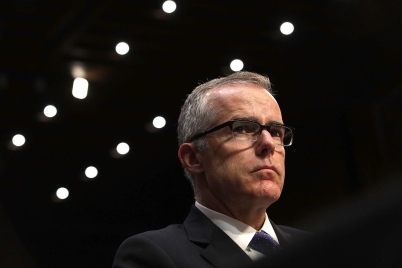 WASHINGTON, DC - MAY 11:  Acting FBI Director Andrew McCabe testifies before the Senate Intelligence Committee with the other heads of the U.S. intelligence agencies in the Hart Senate Office Building on Capitol Hill May 11, 2017 in Washington, DC. The intelligence officials were questioned by the committee during the annual hearing about world wide threats to United States' security.  (Photo by Alex Wong/Getty Images)