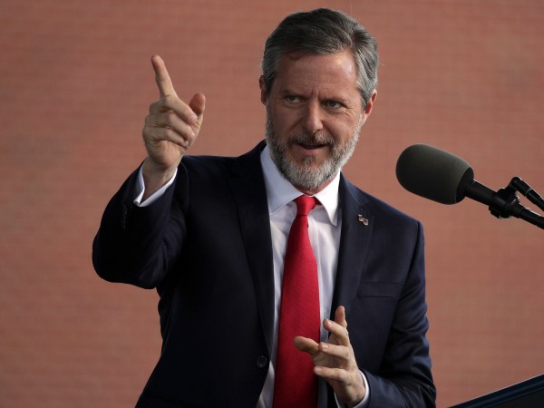 LYNCHBURG, VA - MAY 13:  Jerry Falwell, President of Liberty University, speaks during a commencement at Liberty University May 13, 2017 in Lynchburg, Virginia. President Donald Trump is the first sitting president to speak at Liberty's commencement since George H.W. Bush spoke in 1990.  (Photo by Alex Wong/Getty Images)