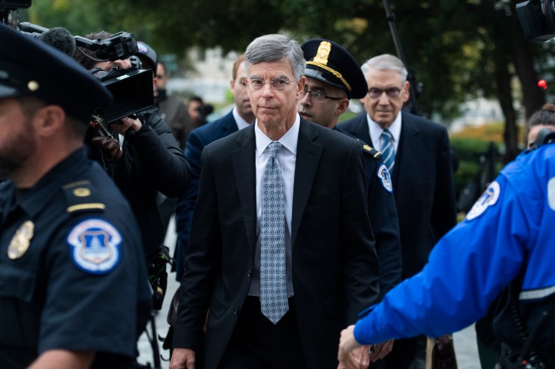 UNITED STATES - OCTOBER 16: Bill Taylor, center, the acting U.S. ambassador to Ukraine, arrives to the Capitol for a deposition related to the House's impeachment inquiry on Tuesday, October 22, 2019. (Photo By Tom Williams/CQ Roll Call),