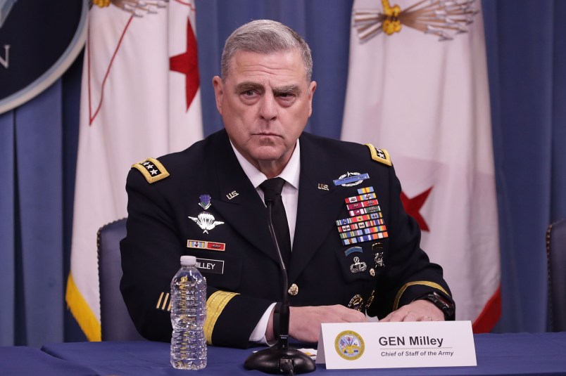 U.S. Army Secretary Mark Esper, Army Undersecretary Ryan McCarthy, Army Chief of Staff Gen. Mark Milley and Army Vice Chief of Staff Gen. James McConville hold a news conference at the Pentagon July 13, 2018 in Arlington, Virginia. The Army officials announced its biggest reorganization in 45 years with the creation of the Army Futures Command, which is tasked with modernizing the fighting force.