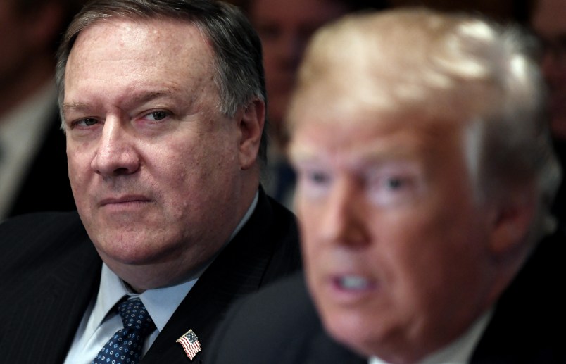 Secretary of State Mike Pompeo listens to President Trump during a cabinet meeting in the Cabinet Room of the White House, July 18, 2018 in Washington, DC. Photo by Olivier Douliery/ Abaca Press