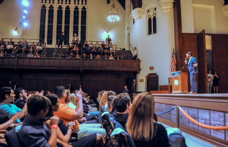 GAINESVILLE, FLORIDA, UNITED STATES - 2019/10/10: Donald Trump, Jr speaks to the students at the University of Florida.Donald Trump, Jr. and his girlfriend, Kimberly Guilfoyle, appeared at the University of Florida campus and spoke to a capacity crowd of about 850 students in what was billed as a “keynote presentation”. The couple was paid $50,000 from student activity fees and tickets were distributed free of charge to students. The event drew hundreds of protesters outside the University Auditorium who objected to what they called a campaign rally. Trump, Jr. and Guilfoyle spoke for less than a half hour each and answered a few questions submitted on Twitter. Several protesters were removed from the auditorium during the event. (Photo by Paul Hennessy/SOPA Images/LightRocket via Getty Images)