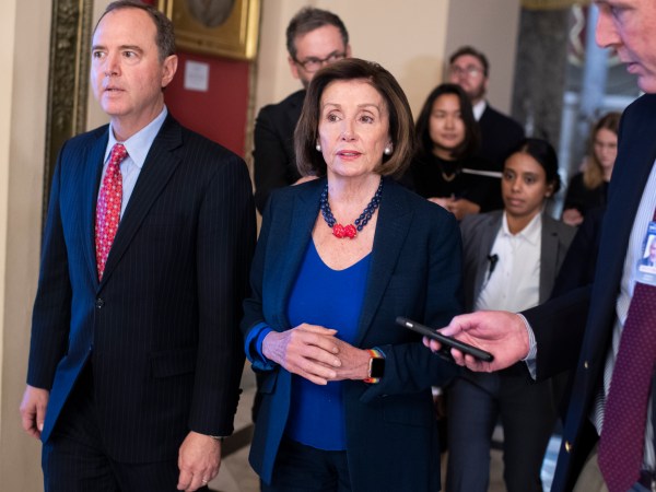 UNITED STATES - OCTOBER 18: Speaker of the House Nancy Pelosi, D-Calif., and House Intelligence Chairman Adam Schiff, D-Calif., make their way to the floor for the last House votes of the week on Friday, October 18, 2019. (Photo By Tom Williams/CQ Roll Call)