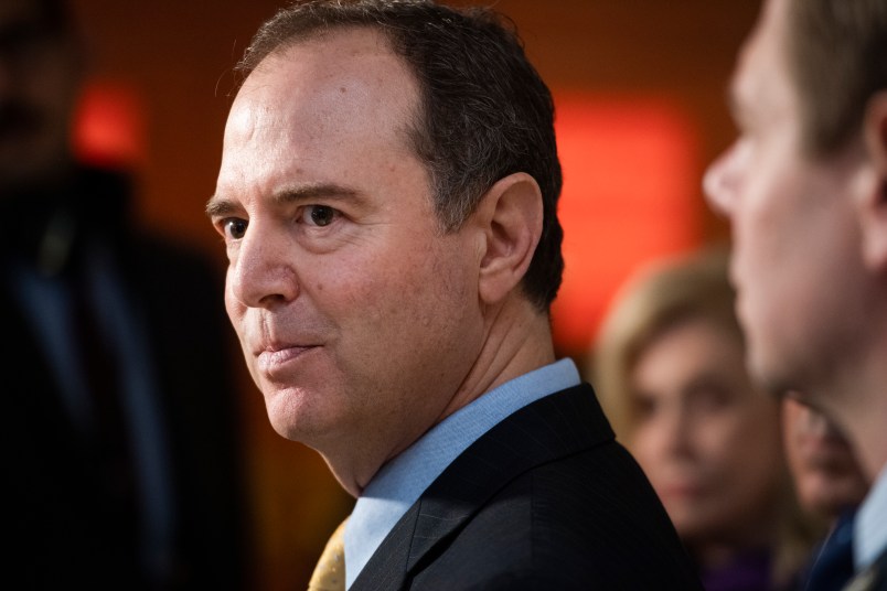 UNITED STATES - OCTOBER 28: House Intelligence Chairman Adam Schiff, D-Calif., and Reps. Eric Swalwell, D-Calif., right, Carolyn Maloney, D-N.Y., and Jamie Raskin, D-Md., conduct a news conference in Capitol Visitor Center where Charles Kupperman, a deputy to John Bolton, did not show up for a deposition as part of the House's impeachment inquiry on Monday, October 28, 2019. Gordon Sondland, U.S. ambassador to the European Union, was inside the deposition reviewing transcripts at the time. (Photo By Tom Williams/CQ Roll Call)