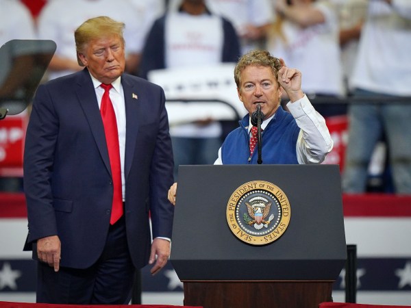 LEXINGTON, KY - NOVEMBER 04: U.S. President Donald Trump looks on as Sen. Rand Paul (R-KY) speaks during a campaign rally at the Rupp Arena on November 4, 2019 in Lexington, Kentucky. The President is visiting Kentucky a day before Election Day to support the reelection efforts of Republican Governor Matt Bevin. (Photo by Bryan Woolston/Getty Images)
