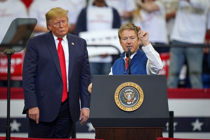 LEXINGTON, KY - NOVEMBER 04: U.S. President Donald Trump looks on as Sen. Rand Paul (R-KY) speaks during a campaign rally at the Rupp Arena on November 4, 2019 in Lexington, Kentucky. The President is visiting Kentucky a day before Election Day to support the reelection efforts of Republican Governor Matt Bevin. (Photo by Bryan Woolston/Getty Images)