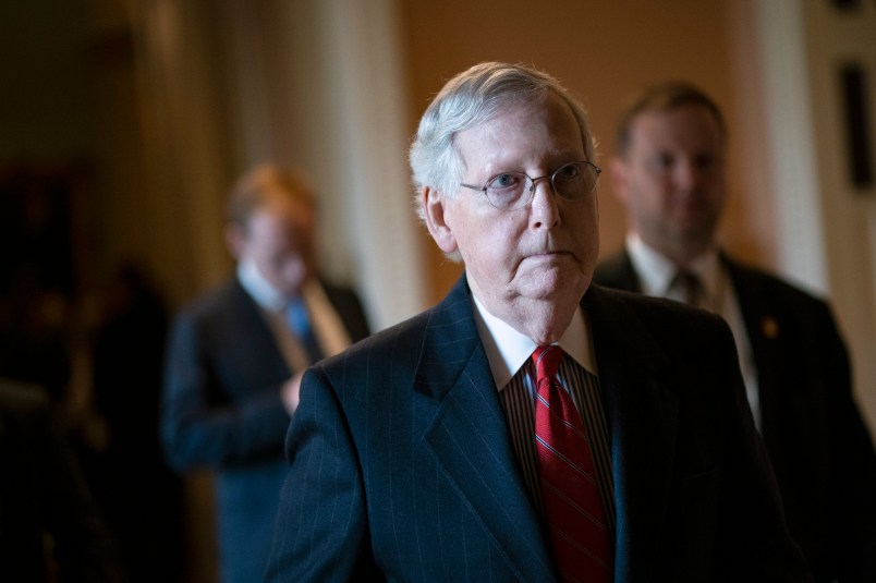 WASHINGTON, DC - NOVEMBER 5: Senate Majority Leader Mitch McConnell (R-KY) walks to his office following the weekly Republican policy luncheon at the U.S. Capitol on November 5, 2019 in Washington, DC. McConnell (R-KY) said he predicts that  the Senate would acquit President Trump of any articles of impeachment passed by the House. (Photo by Drew Angerer/Getty Images)