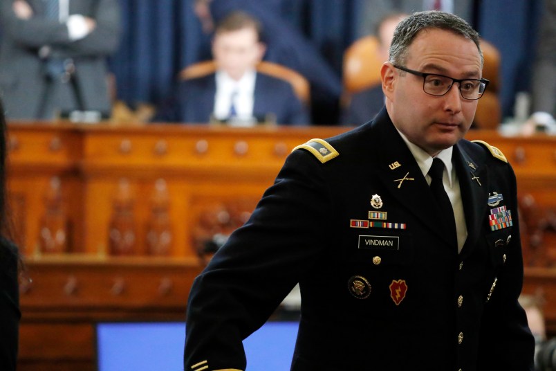 National Security Council aide Lt. Col. Alexander Vindman, takes a break as he testifies before the House Intelligence Committee on Capitol Hill in Washington, Tuesday, Nov. 19, 2019, during a public impeachment hearing of President Donald Trump’s efforts to tie U.S. aid for Ukraine to investigations of his political opponents. (AP Photo/Jacquelyn Martin, Pool)