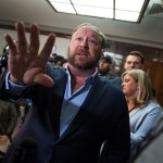 UNITED STATES - SEPTEMBER 05: Alex Jones of Inforwars, a news conference outside a Senate (Select) Intelligence Committee hearing in Dirksen Building where Sheryl Sandberg, Facebook COO, and Jack Dorsey, Twitter CEO, were testifying on the influence of foreign operations on social media on September 5, 2018. Jones has recently been banned from social media platforms. (Photo By Tom Williams/CQ Roll Call)