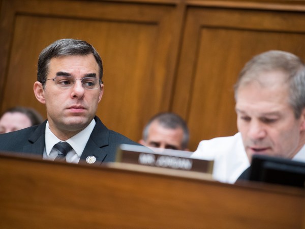 UNITED STATES - JUNE 12: Reps. Justin Amash, R-Mich., left, and ranking member Rep. Jim Jordan, R-Ohio, are seen during a House Oversight and Reform Committee markup in Rayburn Building on a resolution on whether to hold Attorney General William Barr and the Secretary of Commerce Wilbur Ross in contempt of Congress on Wednesday, June 12, 2019. (Photo By Tom Williams/CQ Roll Call)