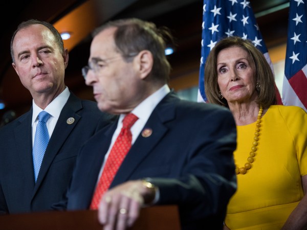 UNITED STATES - JULY 24: From left, House Intelligence Committee Chairman Adam Schiff, D-Calf., Judiciary Chairman Jerrold Nadler, D-N.Y., and Speaker Nancy Pelosi, D-Calif., conduct a news conference on the testimony of former special counsel Robert Mueller on his investigation into Russian interference in the 2016 election on Wednesday, July 24, 2019. (Photo By Tom Williams/CQ Roll Call)