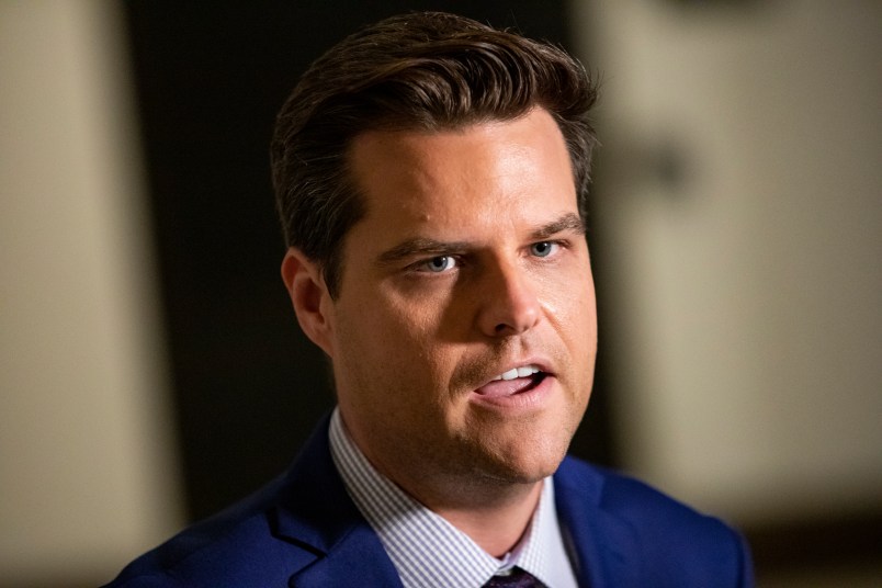 WASHINGTON, DC - OCTOBER 30: U.S. Rep. Matt Gaetz (R-FL) announces that he is filing an official request for the House Committee on Ethics to open an ethics investigation into Rep. Adam Schiff outside of the Sensitive Compartmented Information Facility (SCIF) during the continued House impeach inquiry of President Donald Trump at the U.S. Capitol on October 30, 2019 in Washington, DC. State Department special adviser for Ukraine Catherine Croft and State Department official Christopher Anderson are expected to appear for closed-door depositions as part of the impeachment inquiry and the latest in a line of career diplomats who have complied with a House subpoena. (Photo by Samuel Corum/Getty Images)