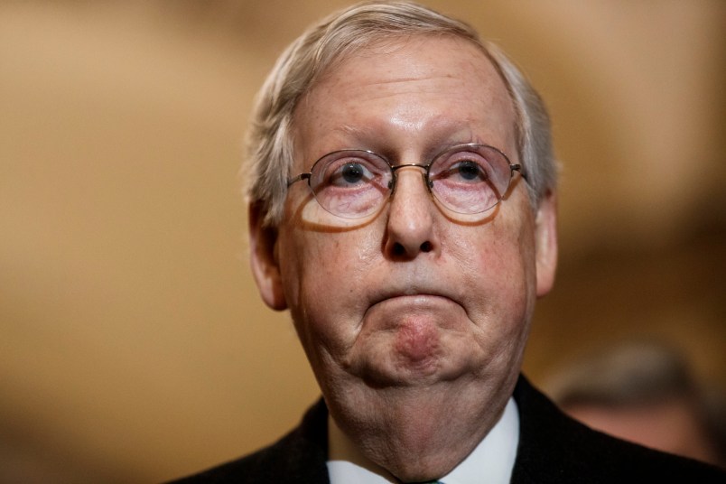 WASHINGTON, Dec. 17, 2019 -- U.S. Senate Majority Leader Mitch McConnell reacts at a press conference on Capitol Hill in Washington D.C., the United States, on Dec. 17, 2019. Mitch McConnell on Tuesday refused Senate Democratic Leader Charles Schumer's framework on impeachment trial including testimony from four former and current White House senior officials, signaling that he wants the impeachment trial of President Donald Trump to mirror that of Bill Clinton. (Photo by Ting Shen/Xinhua via Getty)